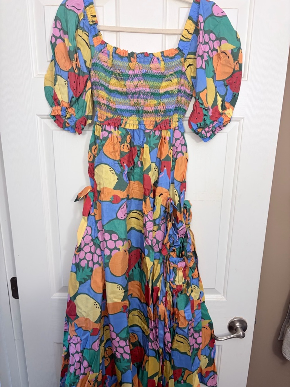 Farm Rio Tie Back Colorful Fruit-Print Smocked Dress